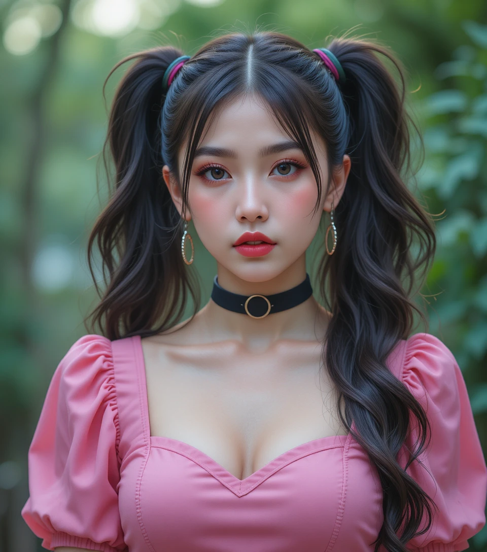 핑크 드레스를 입고 높은 양 갈래 머리를 한 진지한 젊은 여성