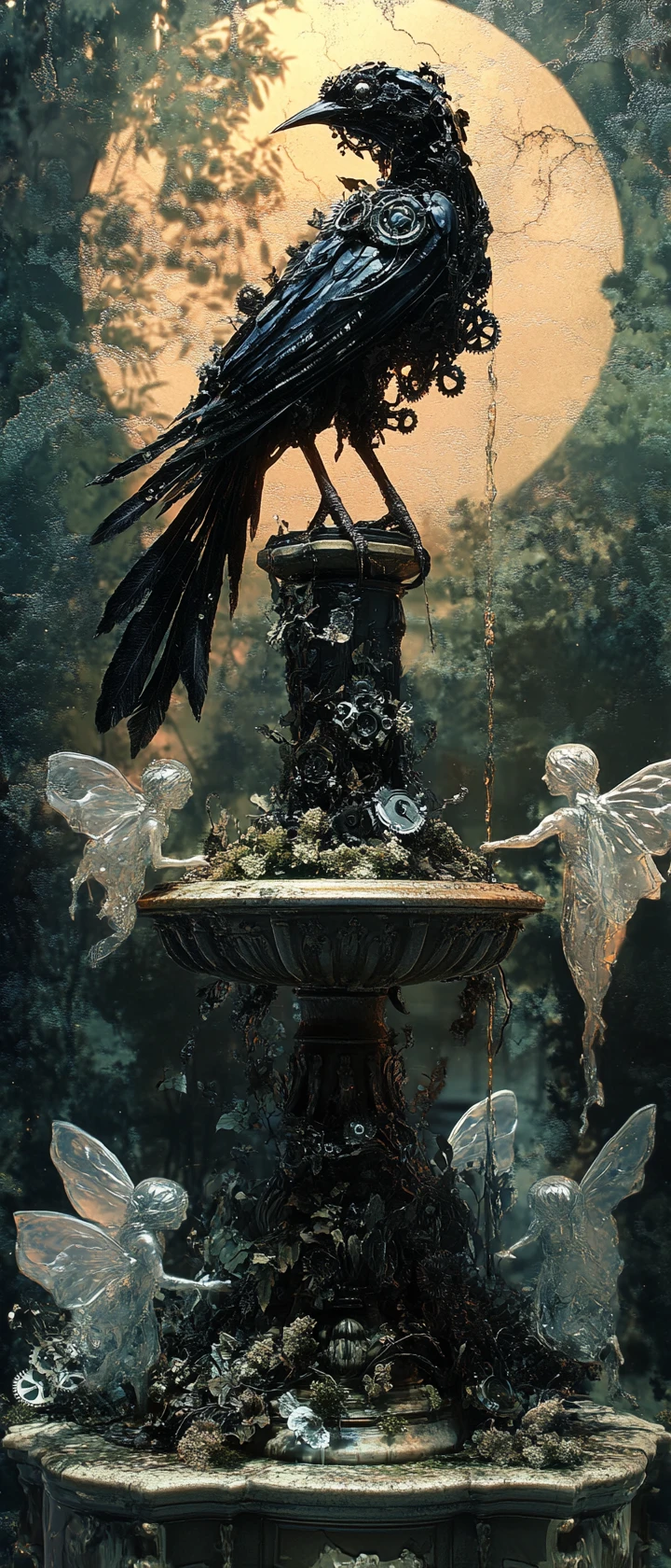 Mechanical nightingale on baroque fountain in moonlit courtyard