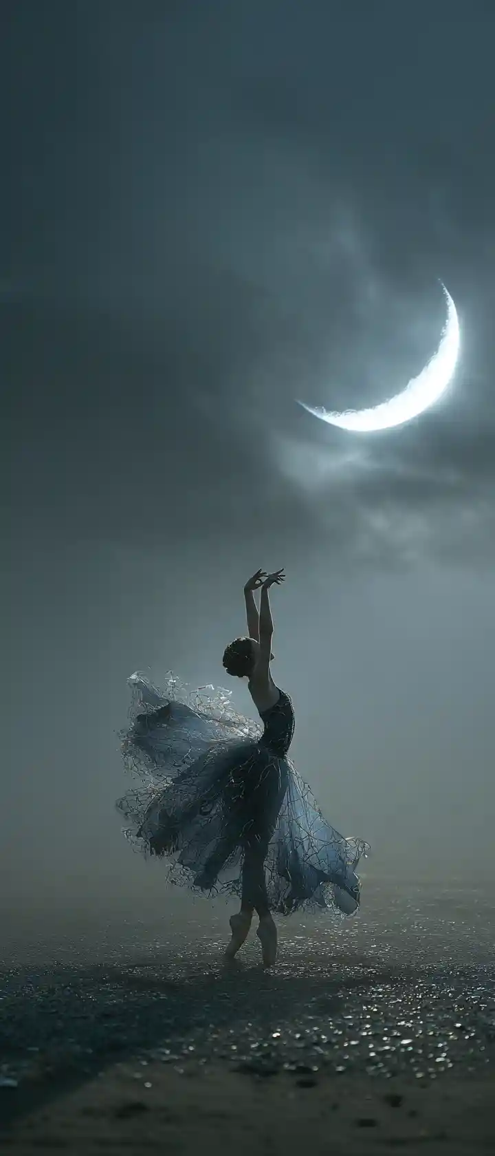 Ethereal dancer alone on a foggy twilight beach