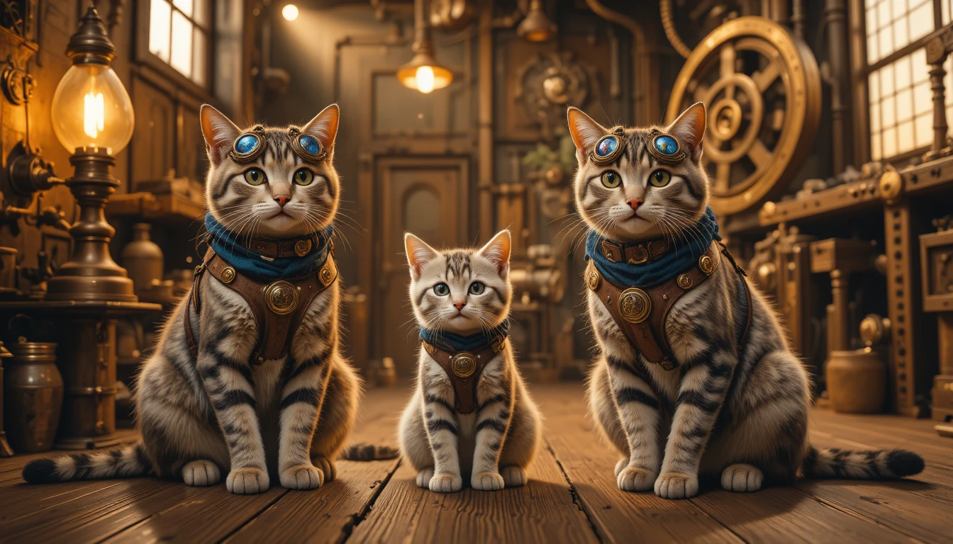 Three steampunk cats in a warm brass workshop scene