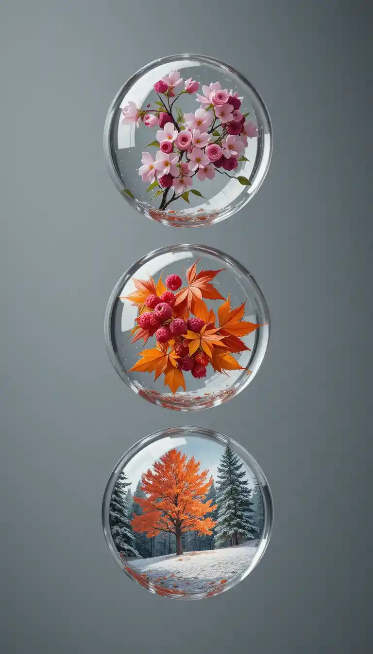 Four glass spheres showing the four changing seasons