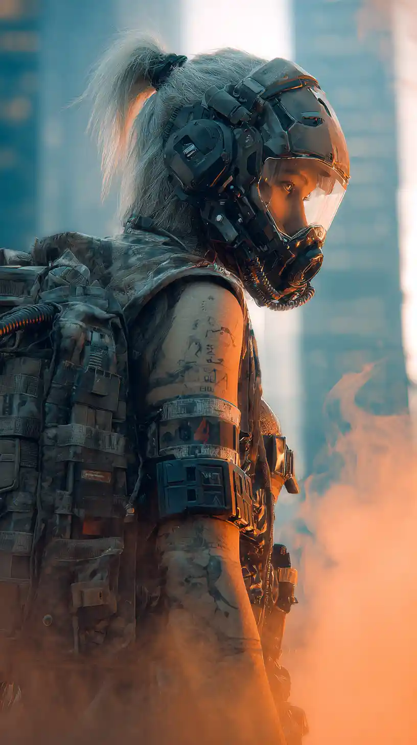Cinematic cyborg overlooking futuristic Los Angeles in ruins