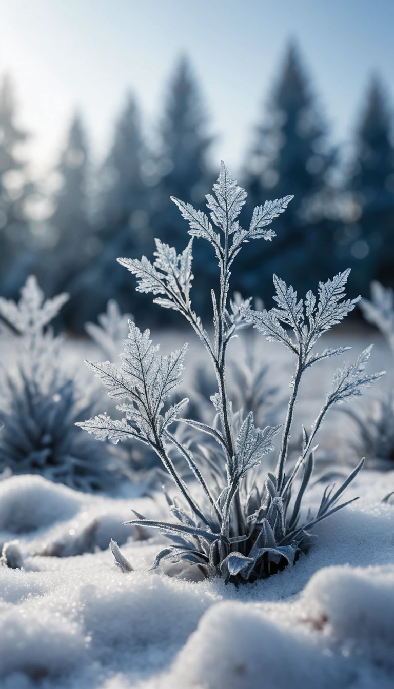 Piante delicate coperte di brina in un invernale da sogno in primo piano