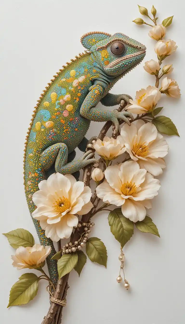 Colorful chameleon with lemon flowers on beaded golden branch