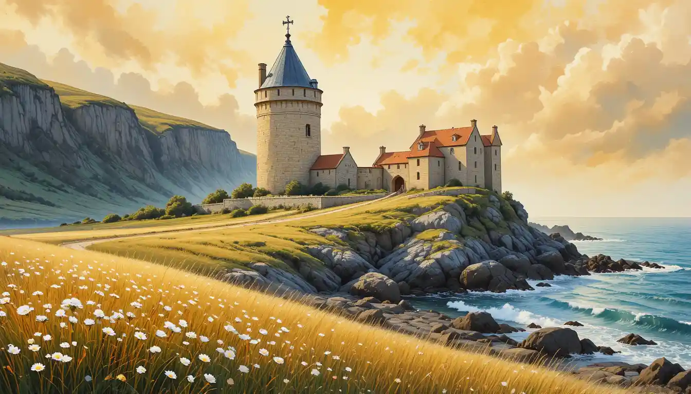 Stone castle on a rocky seaside cliff at warm sunset