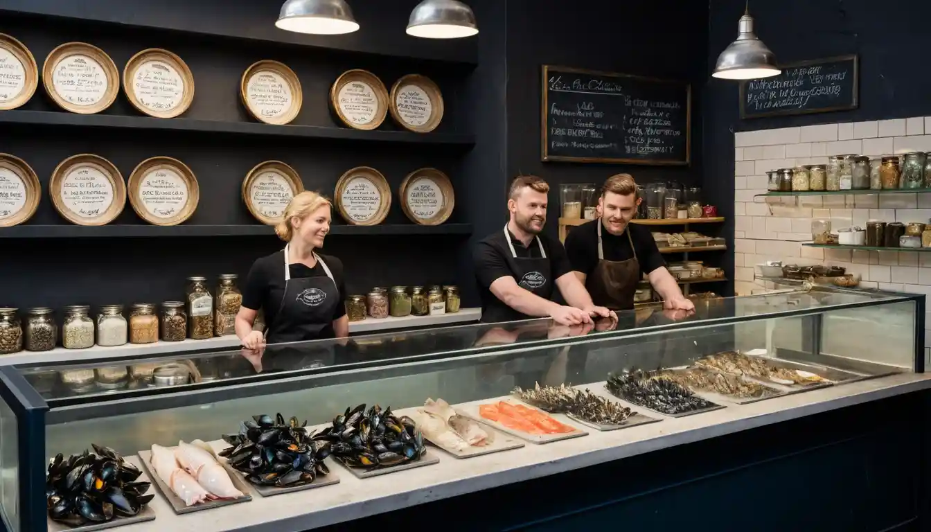 Miniatur-Irischer Fischladen in einer Glasflasche in Stadtszene