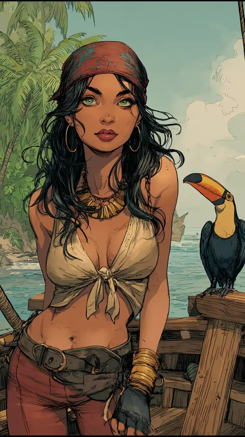 Latina pirate woman with toucan on tropical ship deck