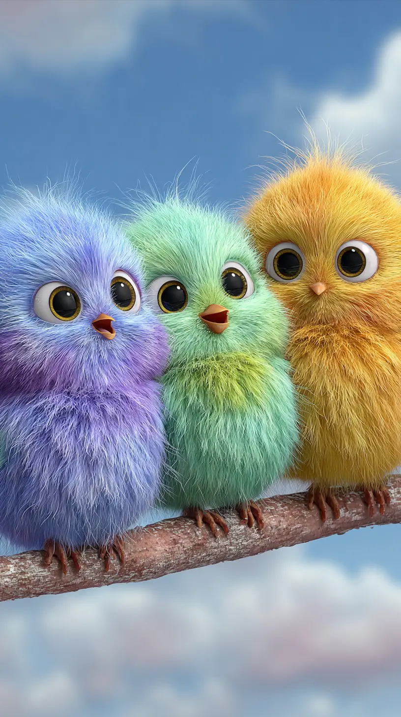 Cute Colorful Cartoon Birds Sitting Together On Branch