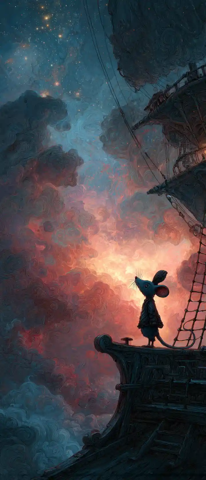Mouse In Baroque Hat On Spectral Ghost Ship In Nebula