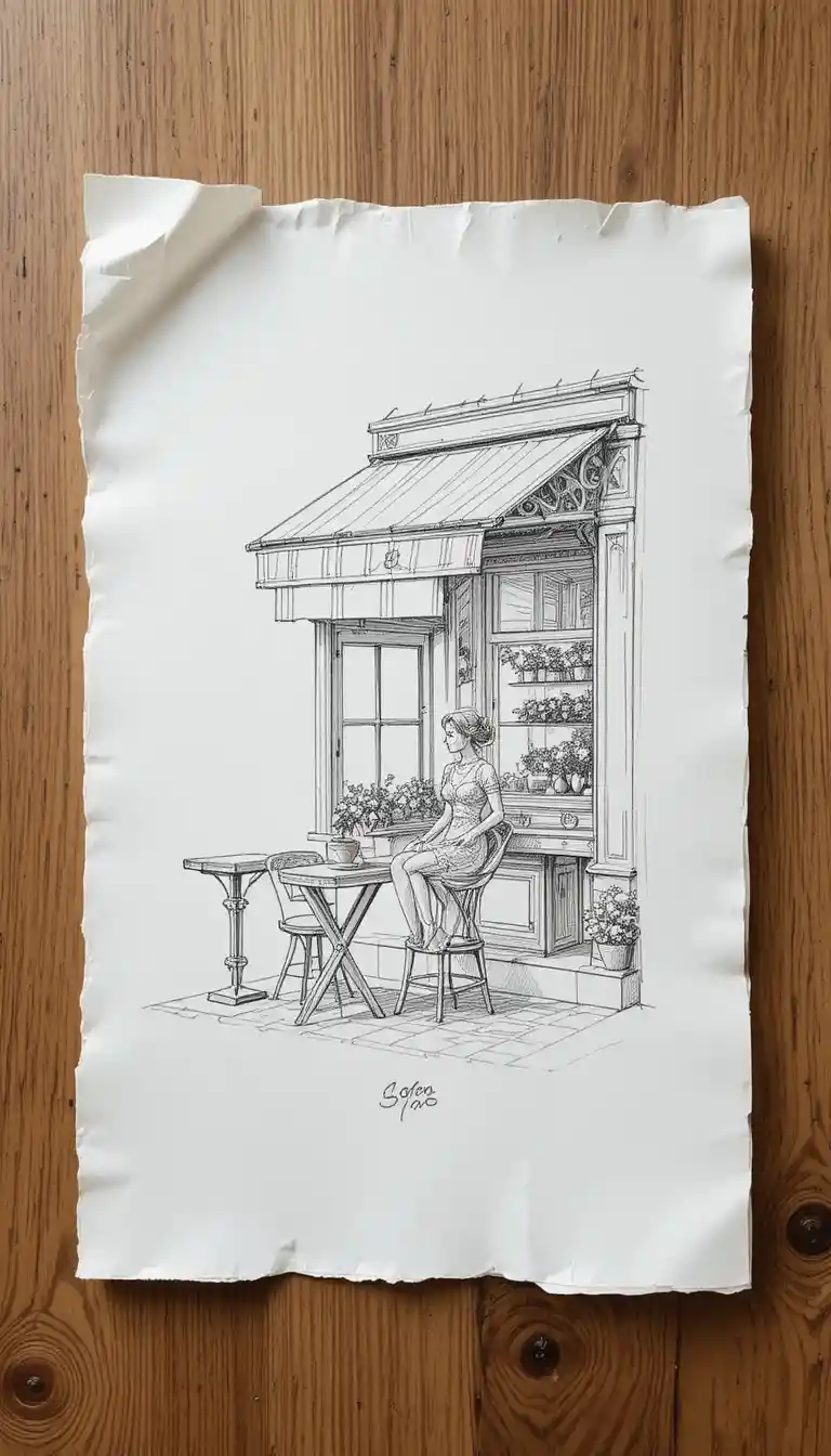 Pencil sketch of tiny woman at summer cafe on paper