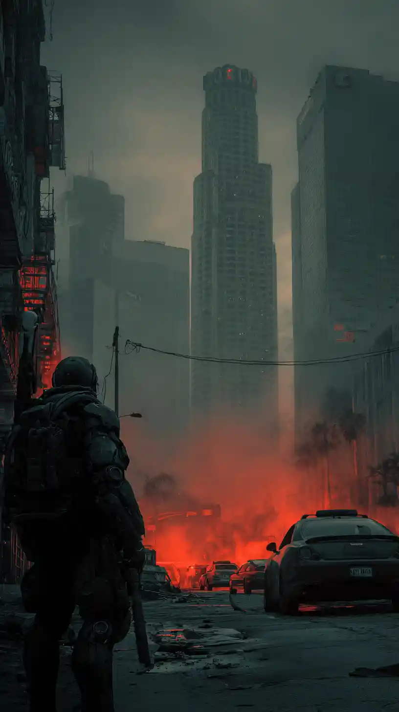 Cyborg Overlooking Futuristic Los Angeles In Chaotic 2079 Cityscape