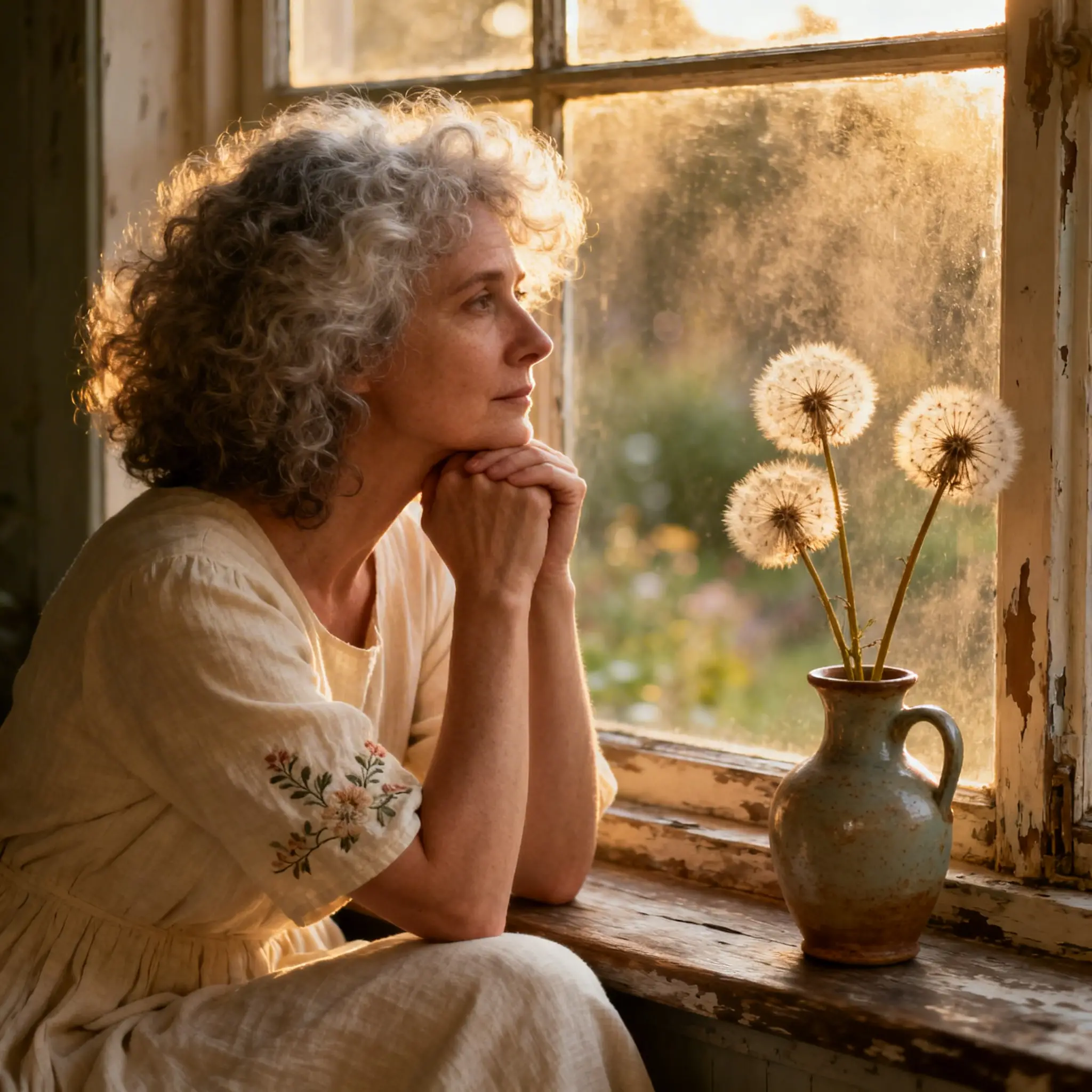 Woman with curly hair gazing out a rustic window