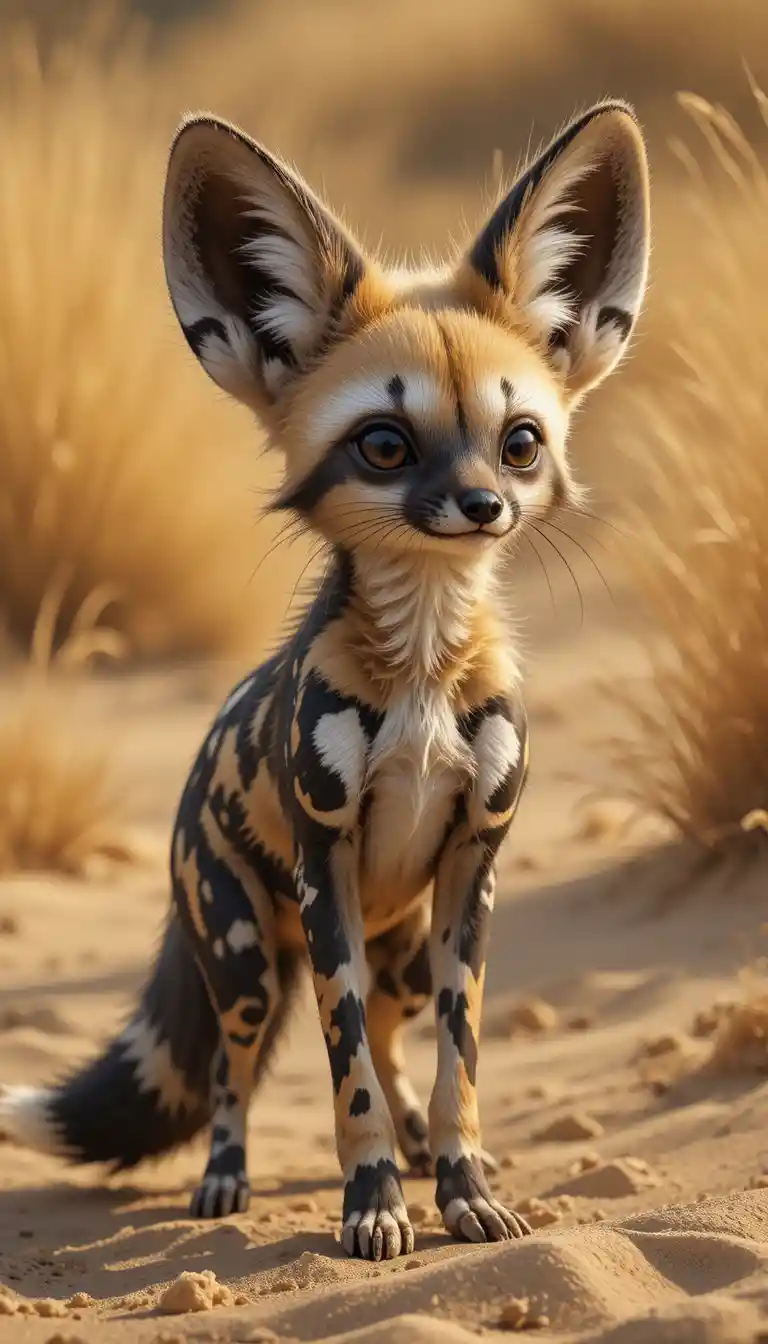 Whimsical fennec fox with wild dog coat in golden light