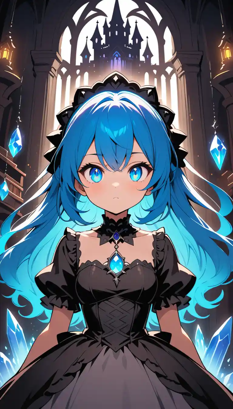 Chica de anime de cabello azul con vestido gótico lolita en el interior de un castillo