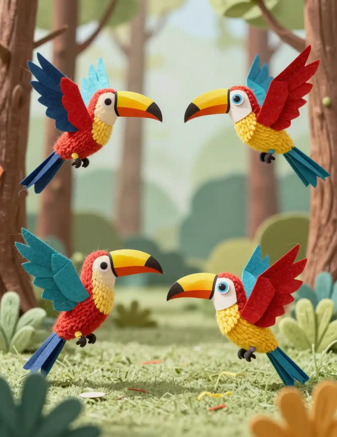 Bunte Papier­vögel fliegen durch einen weichen gestrickten Wald