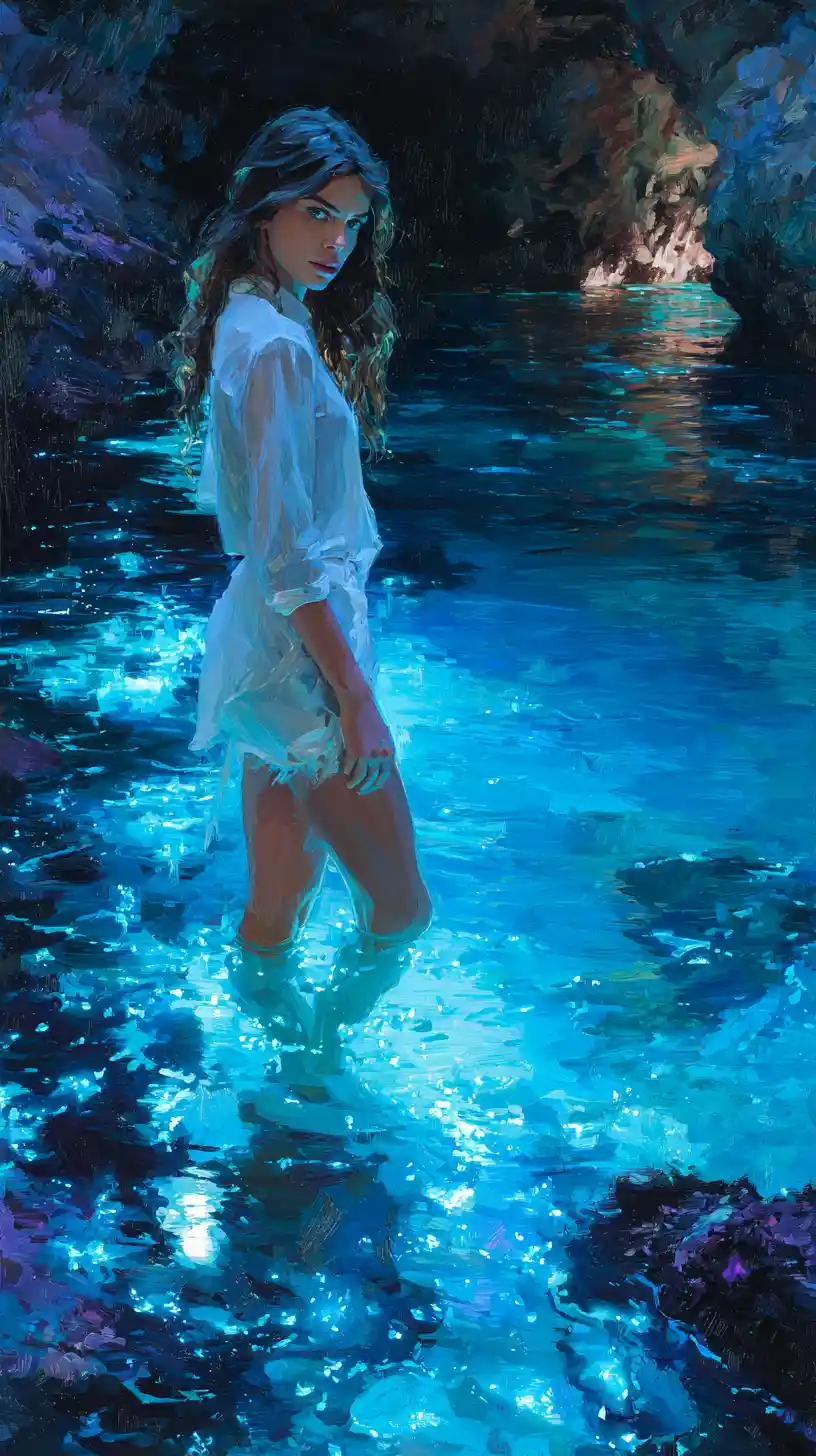 Donna nell’acqua bioluminescente luminosa sotto una cala al chiaro di luna