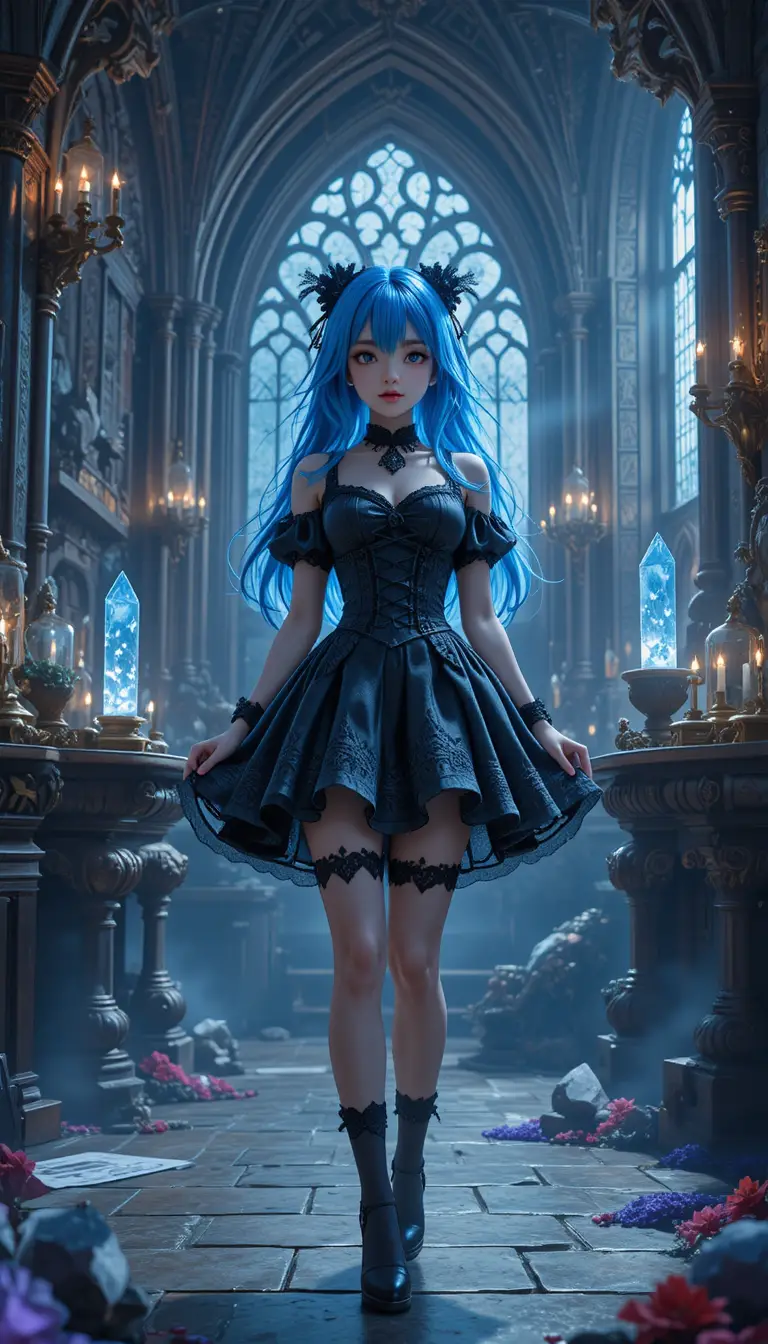 Anime girl in gothic dress in magical castle room