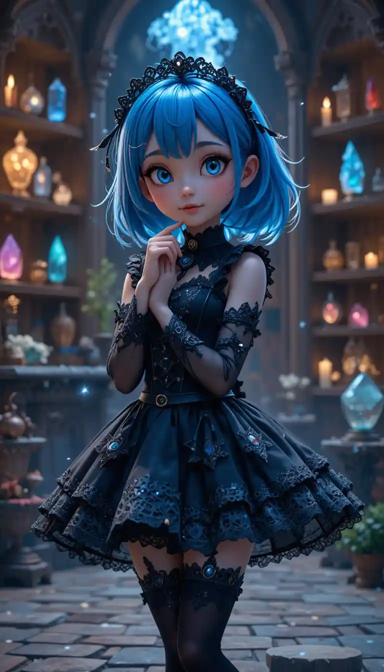 Blue haired anime girl curtseying in gothic castle interior