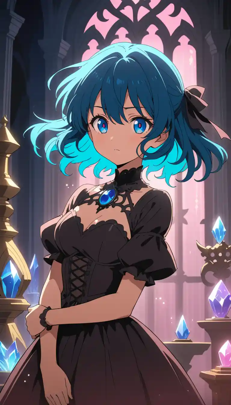 Blue haired anime girl in a gothic castle room
