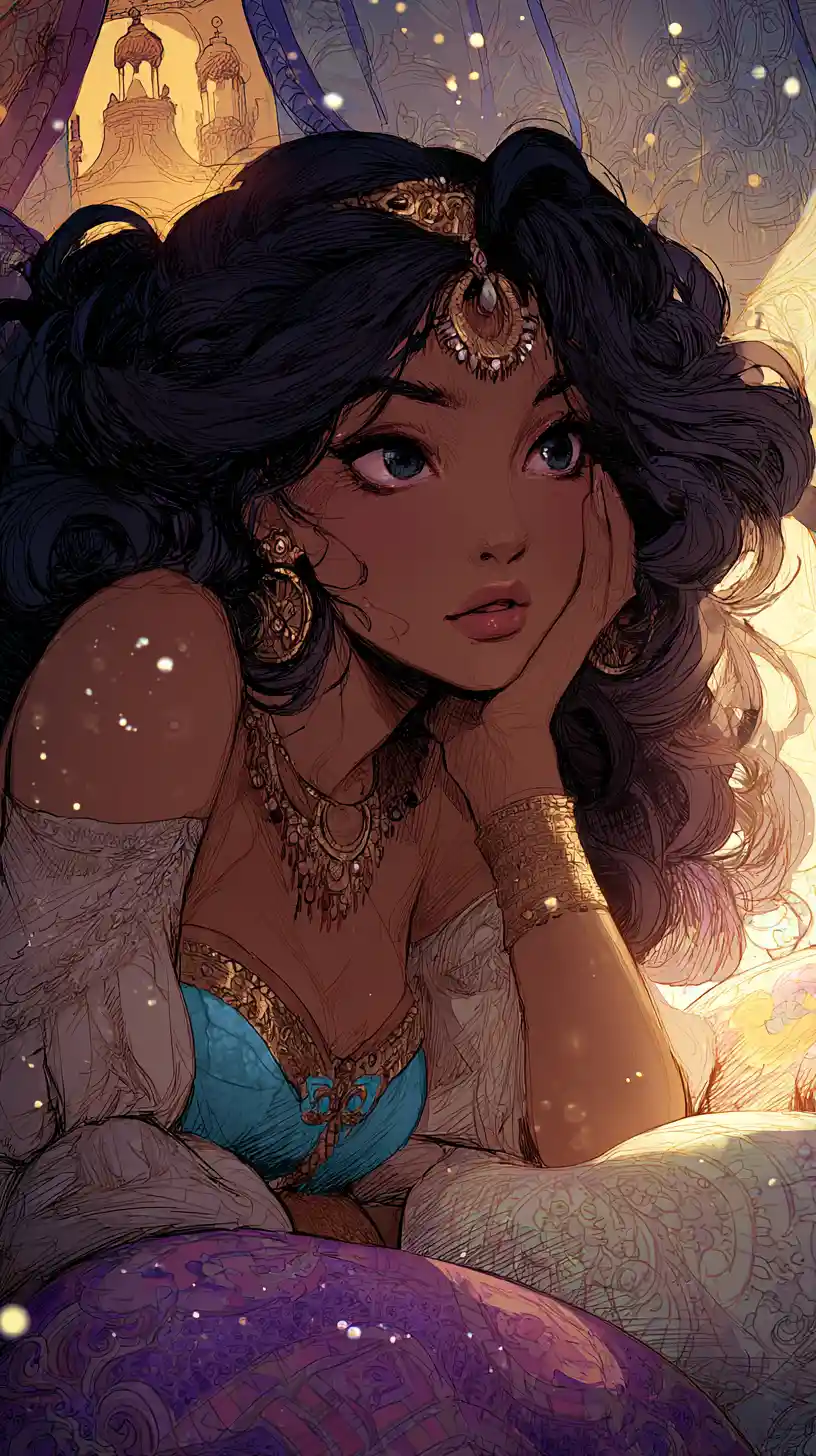 Junge orientalische Prinzessin, die mit verträumtem Blick ruht