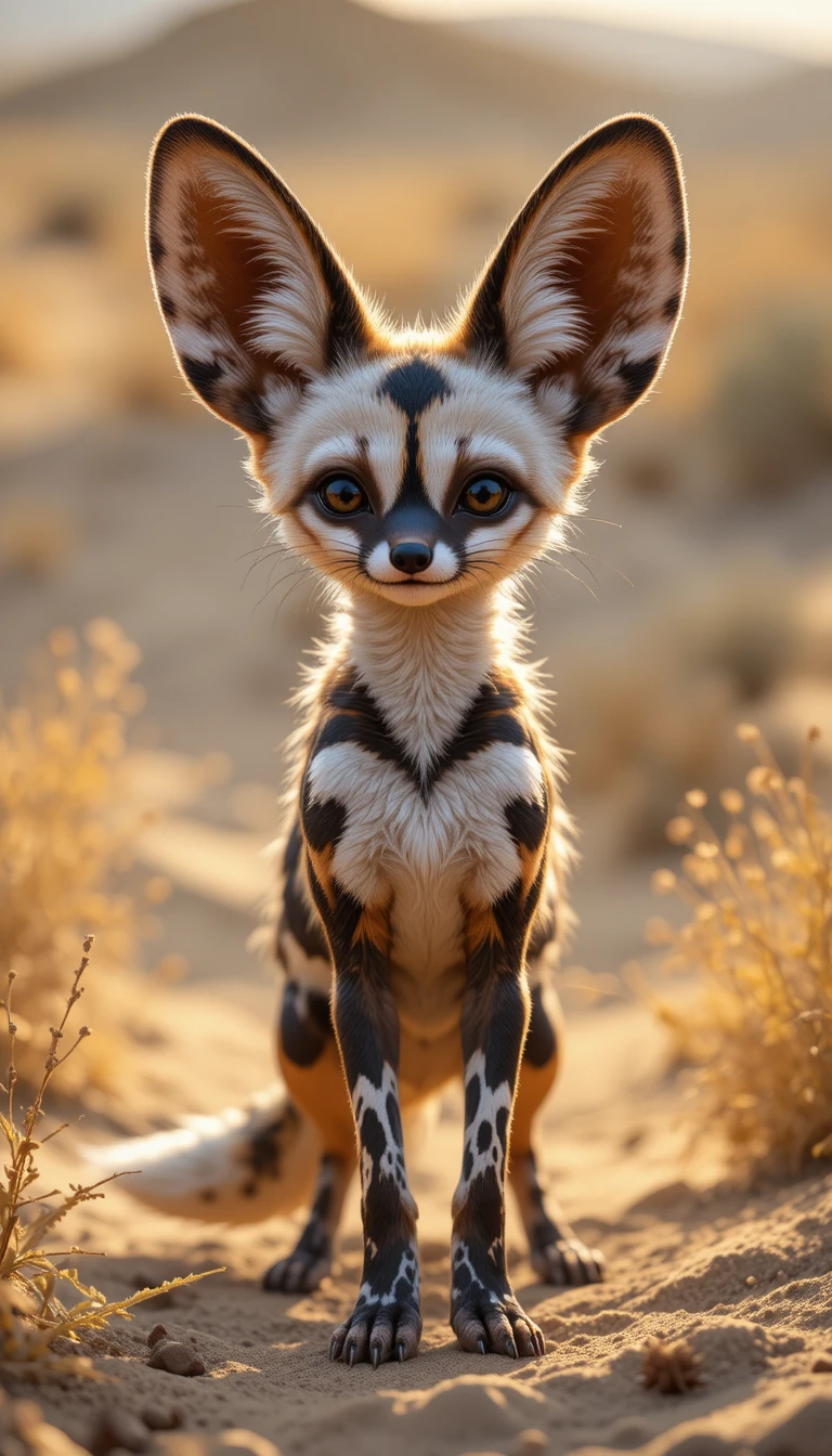 Whimsical fennec fox with wild dog markings in warm savanna