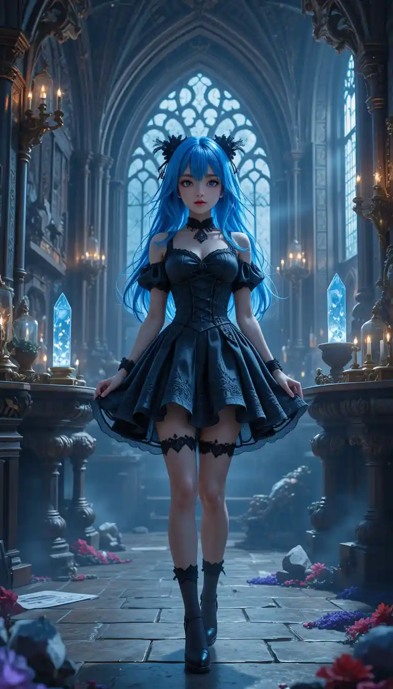 Anime girl in gothic dress in magical castle room