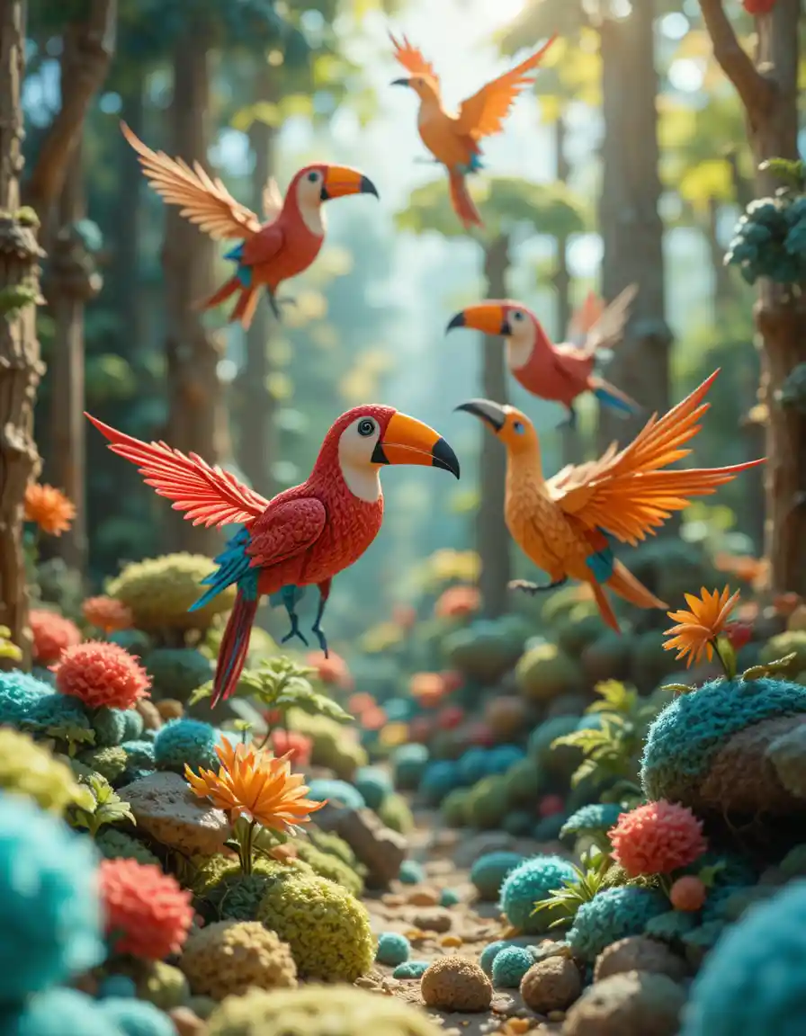 Colorful paper toucans and parrots in a knitted forest