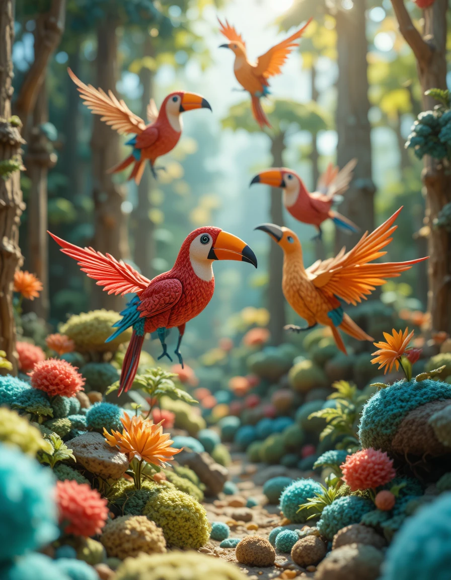 Bunte Papiertukane und Papageien in einem gestrickten Wald