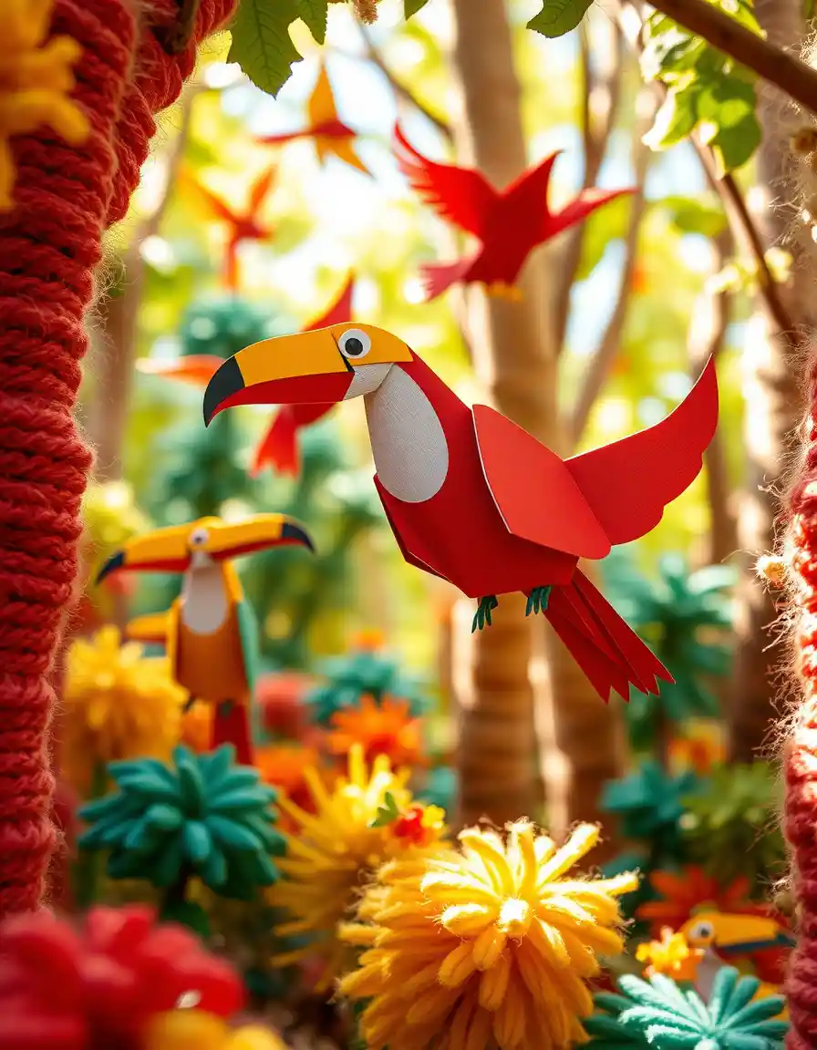 Colorful paper birds flying through a knitted fantasy forest