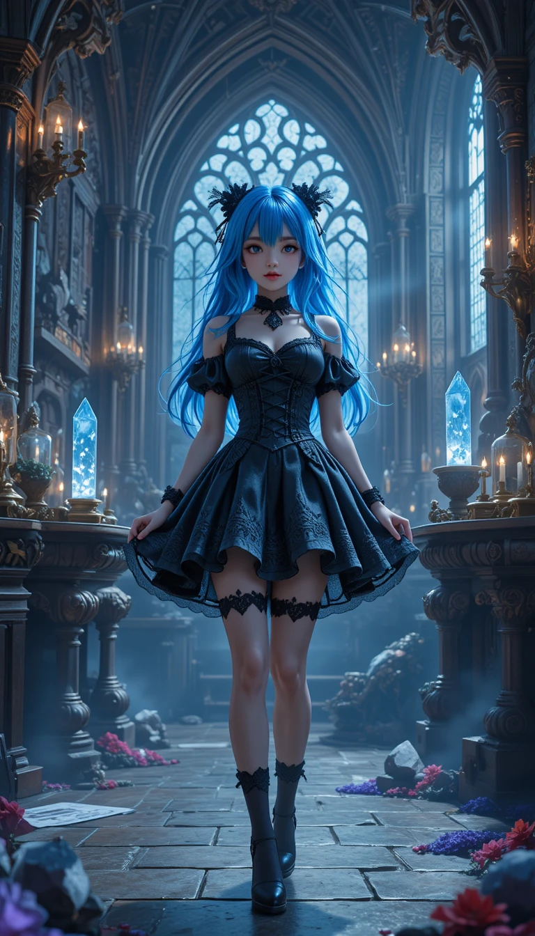 Chica de anime con vestido gótico en una habitación mágica de castillo