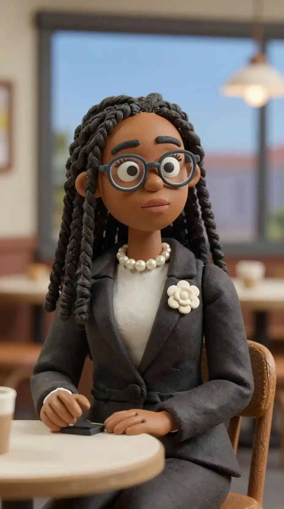 Donna in claymation stile anime con trecce in un booth alla finestra di un ristorante