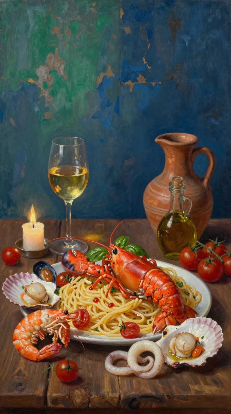 Festino di pasta ai frutti di mare con vino su tavolo rustico in legno