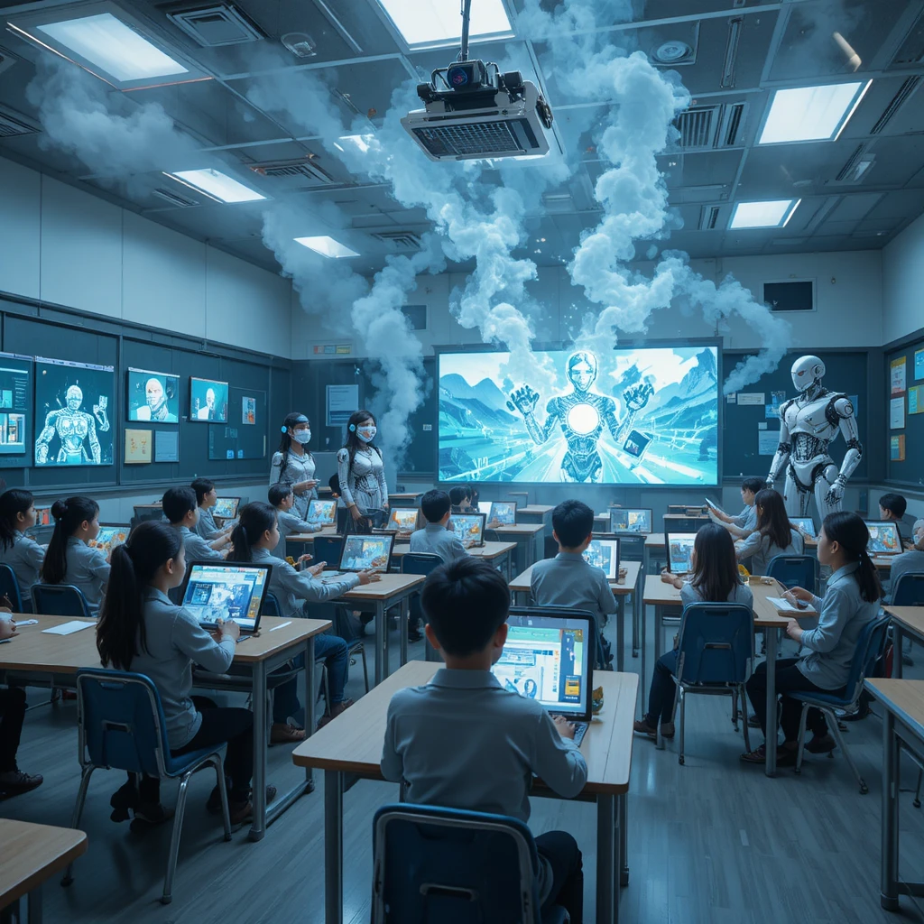Bambini in un’aula moderna con libri robotici trasformabili