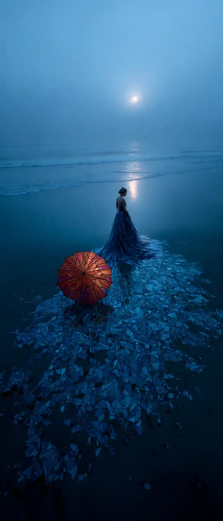 Ethereal dancer alone on a surreal twilight beach