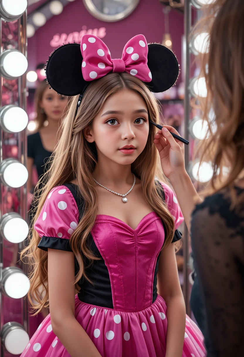 Junger Junge im Minnie-Kleid wird in Boutique geschminkt