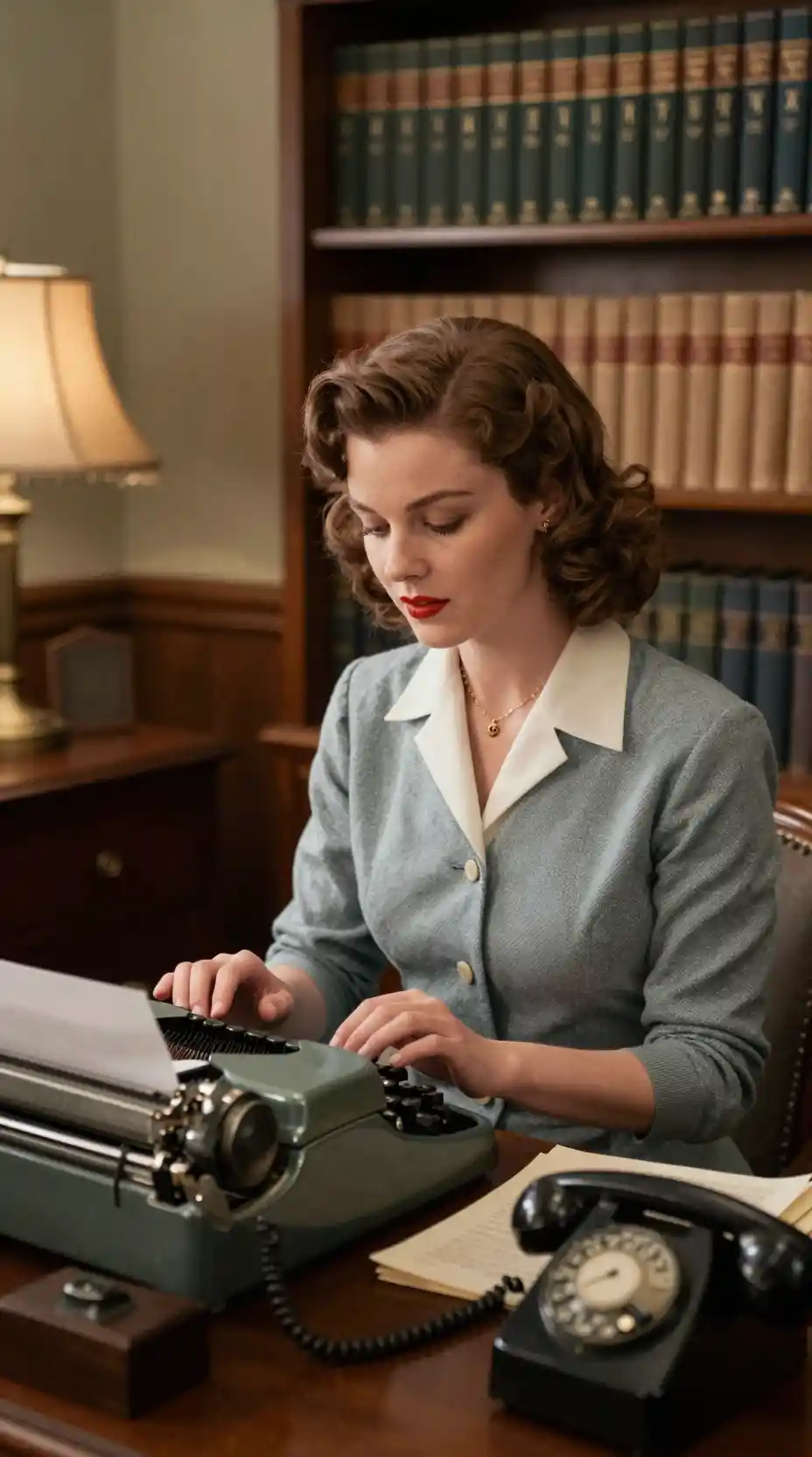 Vintage woman working at a typewriter in office