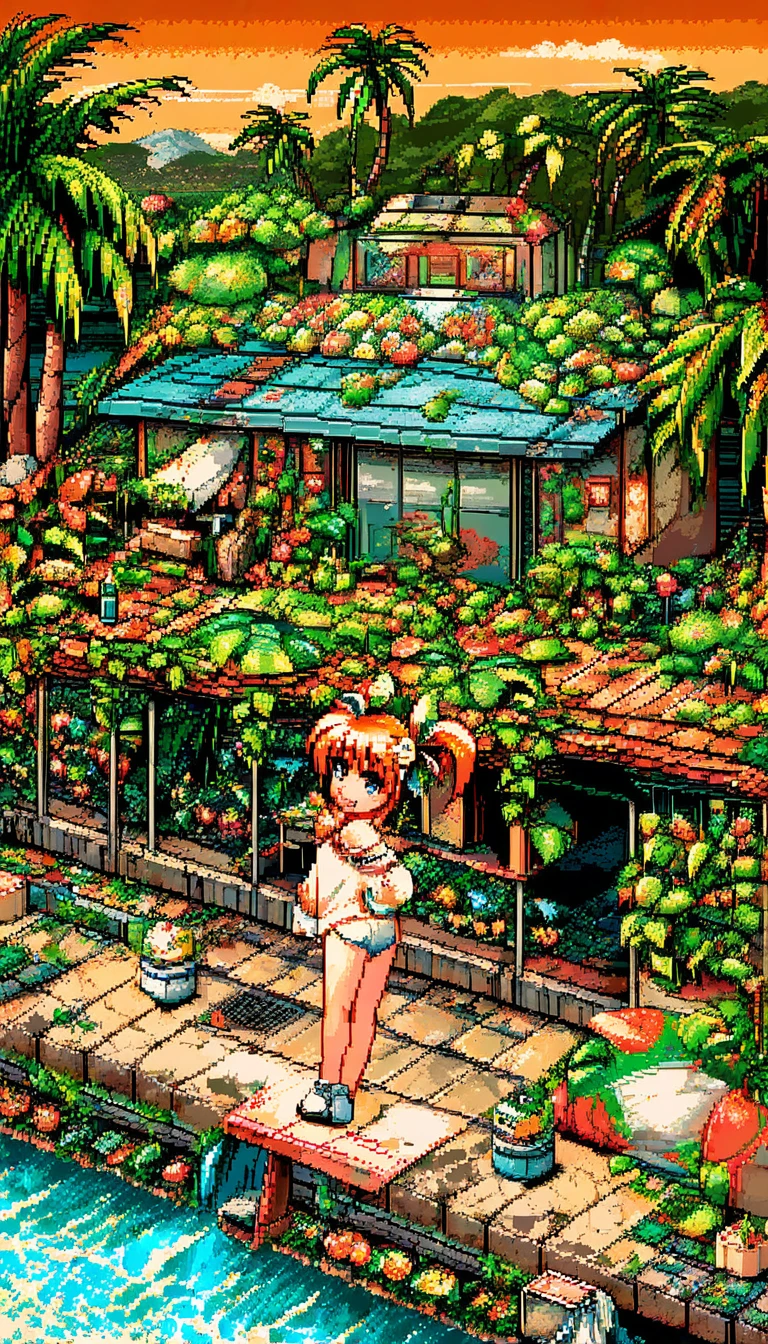 Anime girl in pixel art on a quiet city street