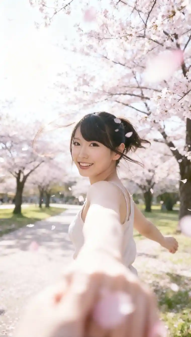 Smiling Japanese girl running through cherry blossoms in spring