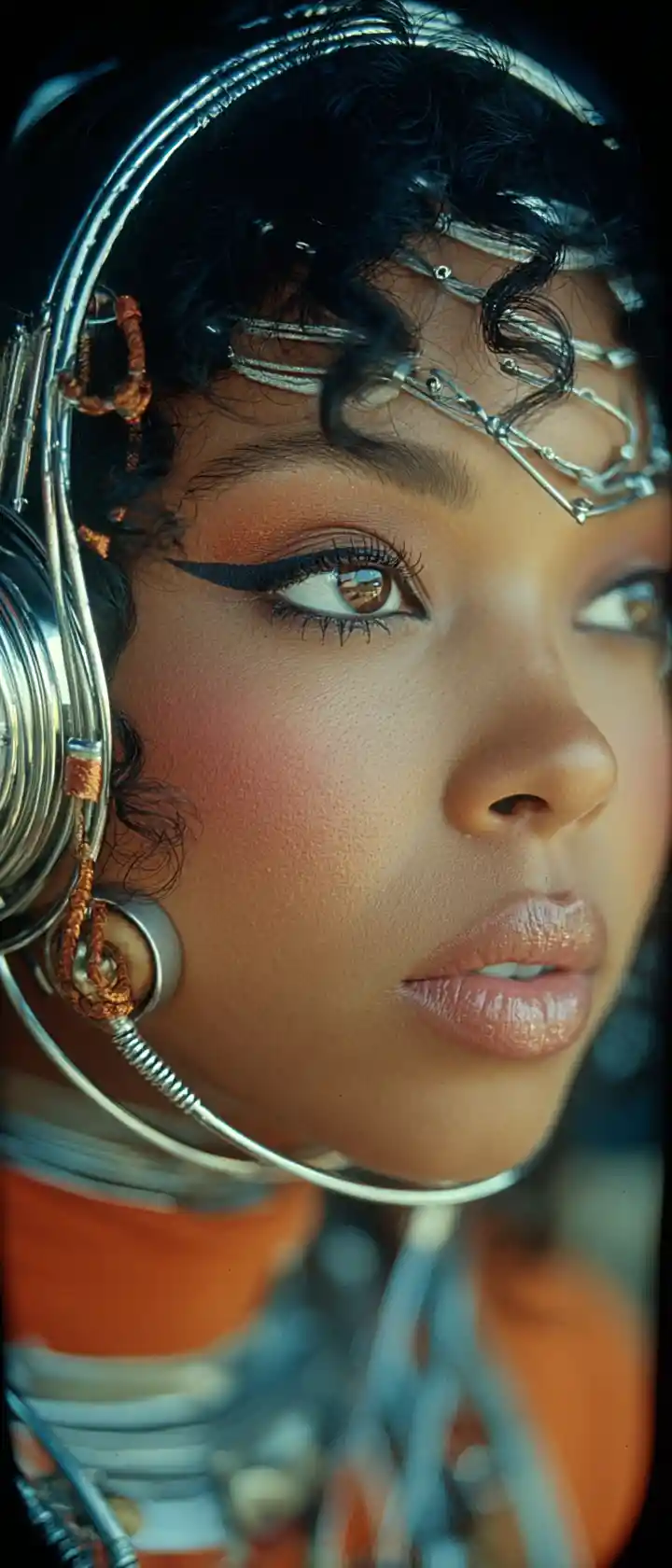Glamorous woman with copper eyeshadow and dark lipstick