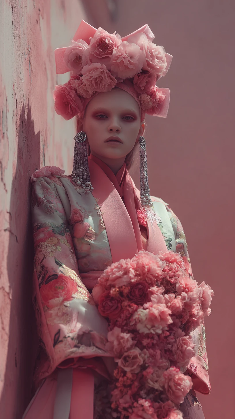 Young woman in floral kimono against textured pink wall