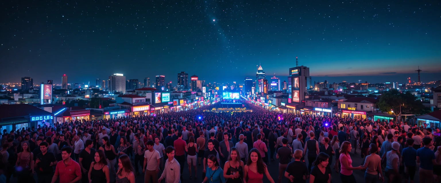 Neon lit city crowd dancing under a starry night sky