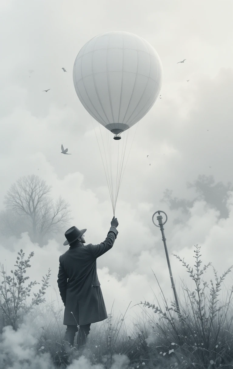 Meteorologe lässt Wetterballon in nebligem Aquarellhimmel steigen