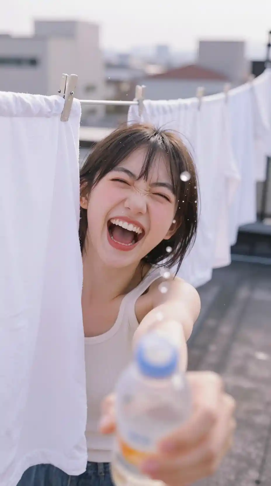 Joyful girl splashing water on a rooftop close up