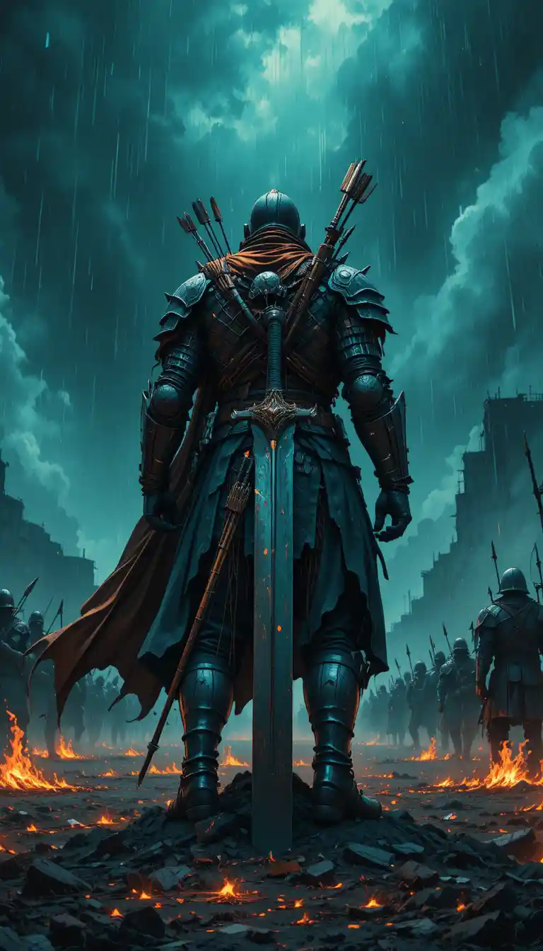 Wounded warrior standing firm on a stormy battlefield