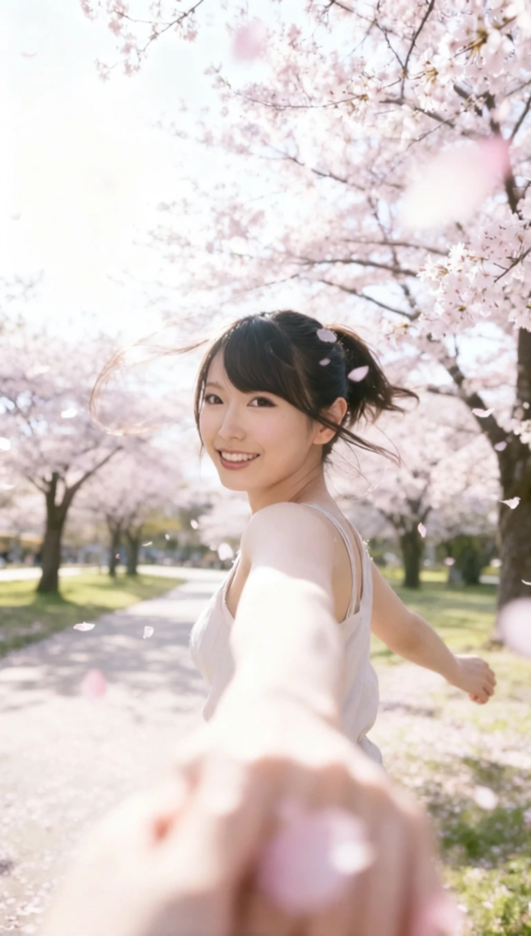 Lächelndes japanisches Mädchen, das im Frühling durch Kirschblüten läuft