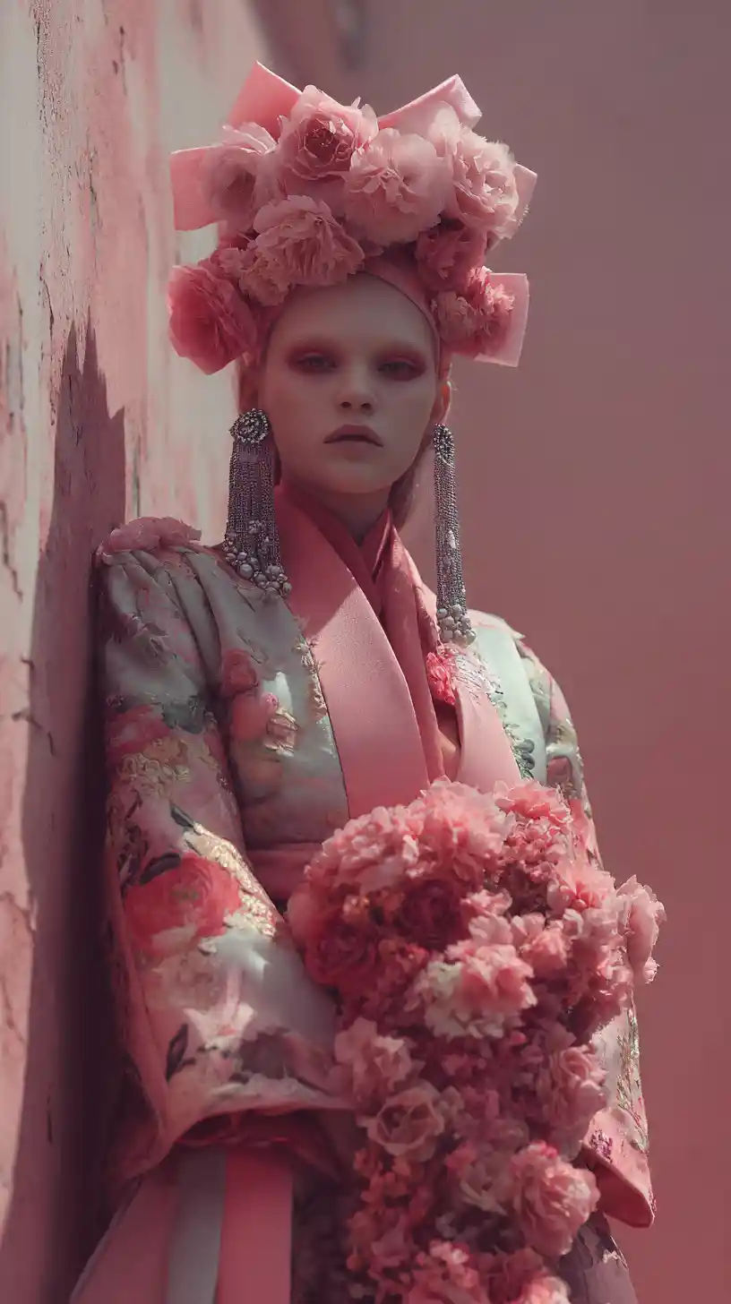 Young woman in floral kimono against textured pink wall