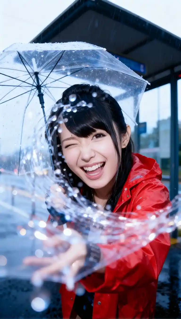 Playful girl spinning umbrella at rainy bus stop