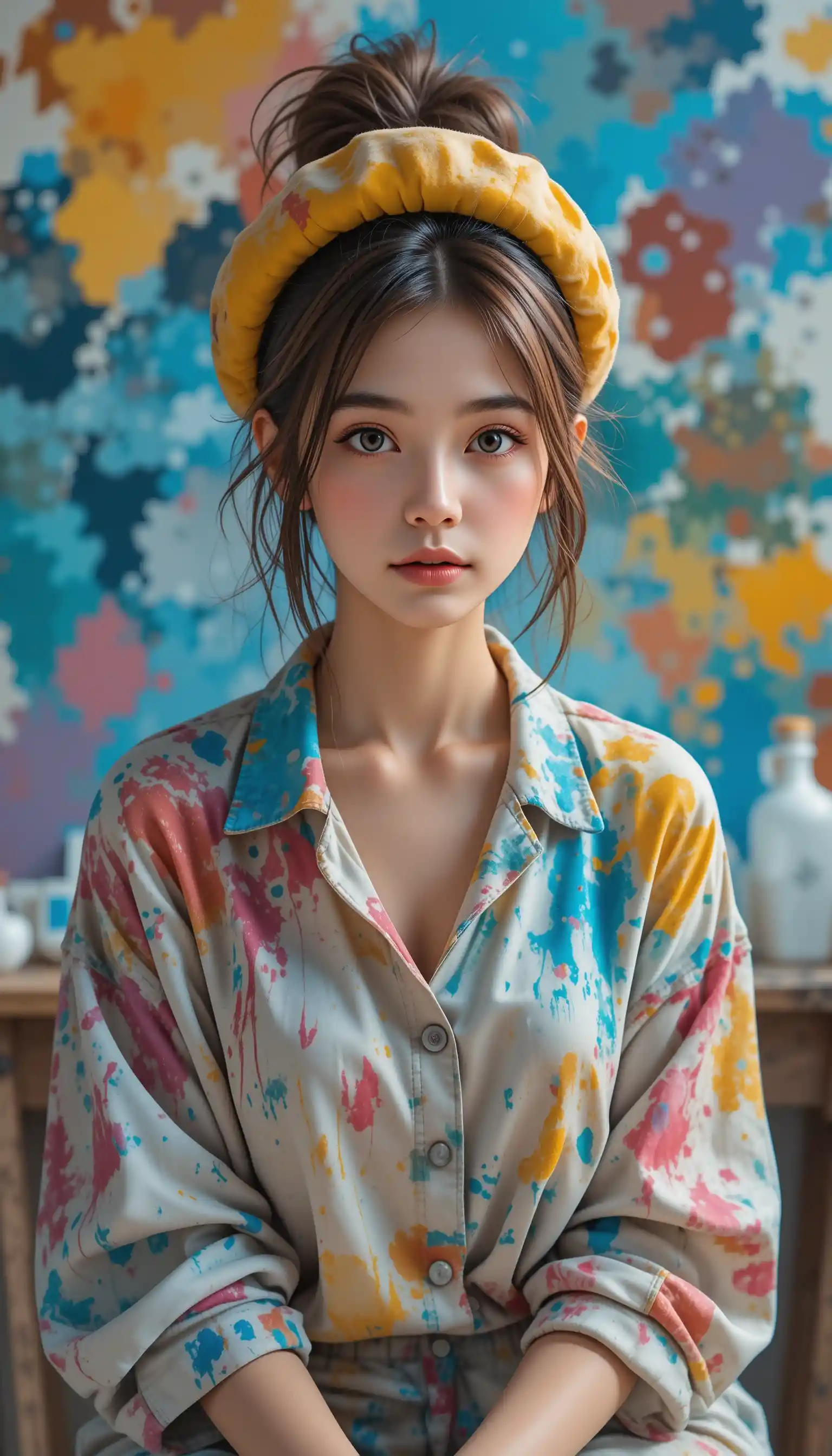 Young female artist with paints in impressionist style