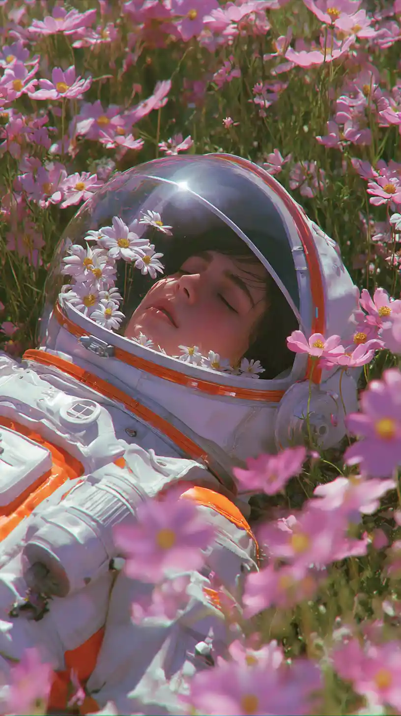 Calm woman in white spacesuit resting in flower field