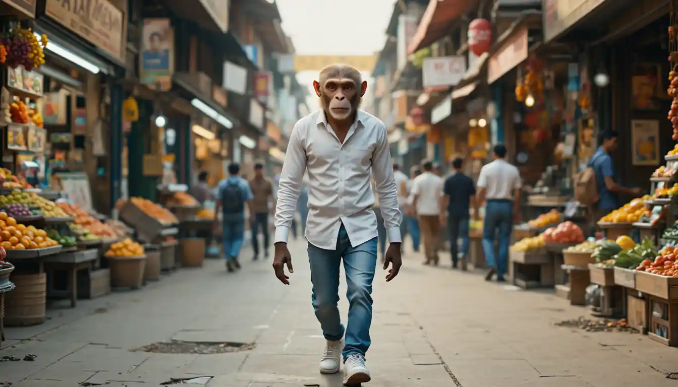 人間の服を着たサルが賑やかなインドのバザールを歩く